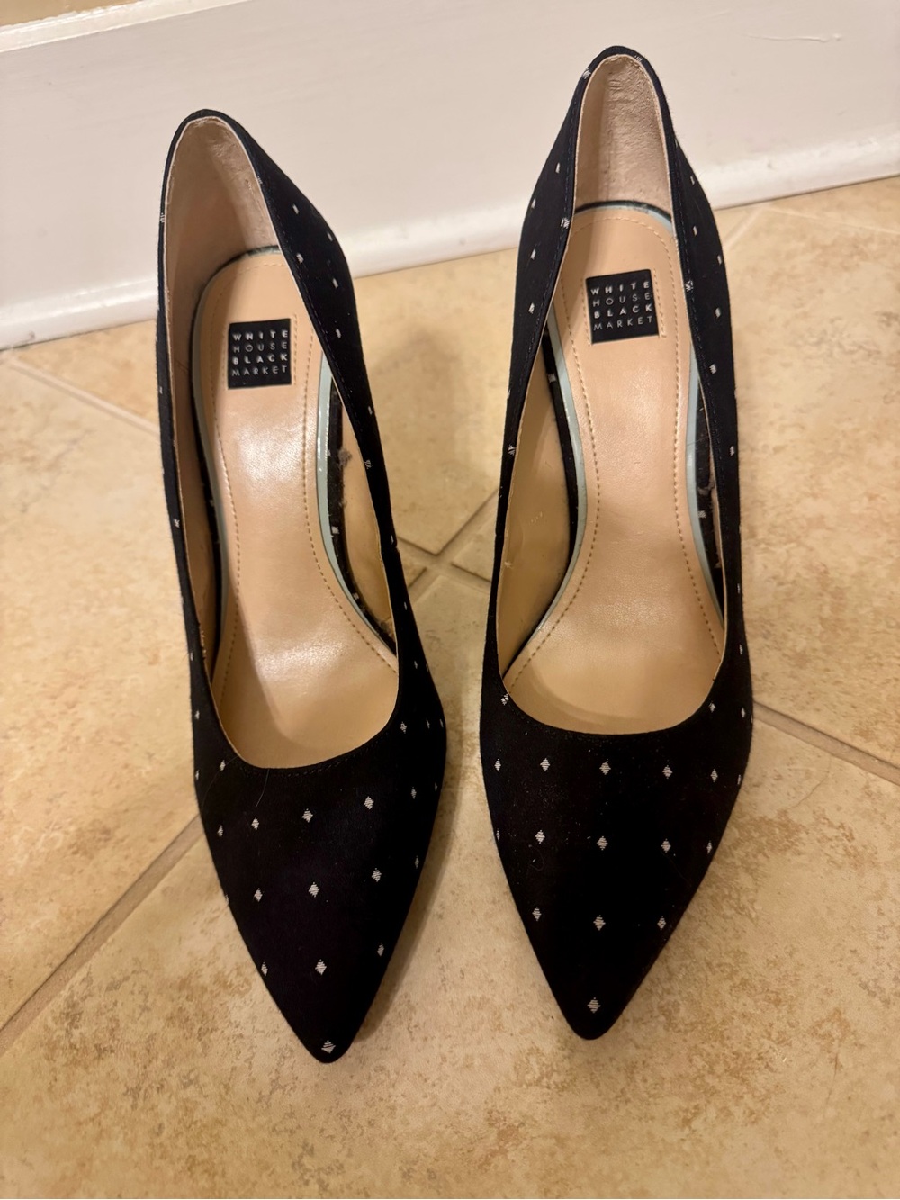 White House Black Market Black Pointed Toe Pumps with Subtle Diamond Studs
